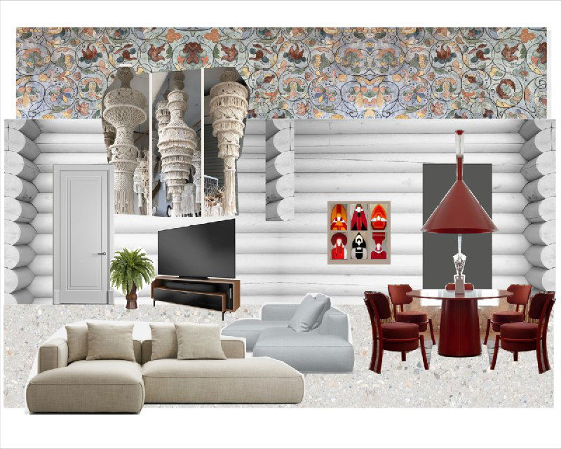 Вторая коллаж-визуализация интерьера: белые брёвна стен, мягкий угловой диван, обеденная группа с красной лампой и настенная композиция с матрёшками — акцент на современном русском стиле.