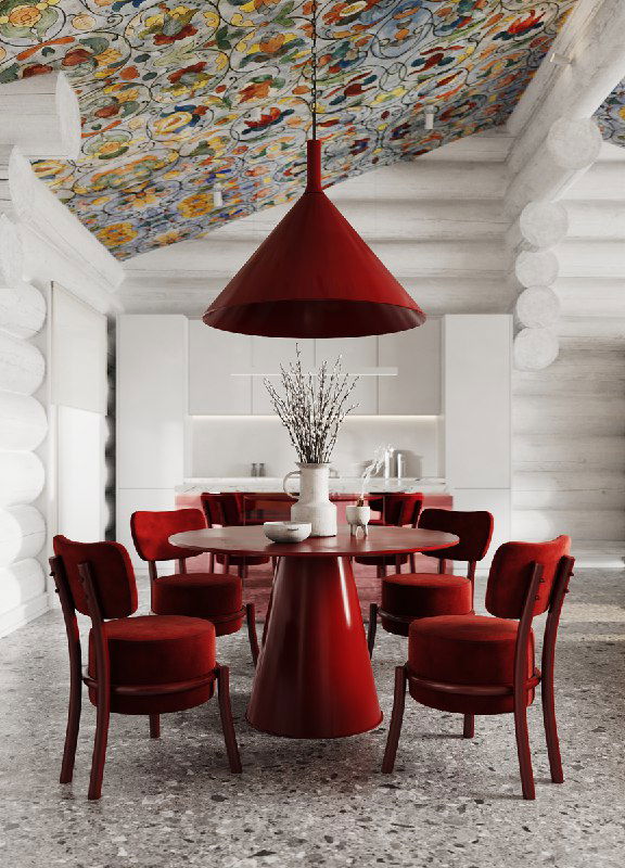 Крупный план красной столовой группы у зеркального розового острова в интерьере бревенчатого дома с расписным потолком над обеденной зоной.