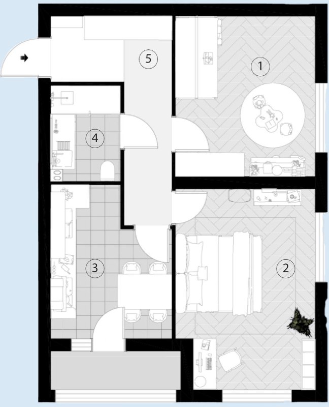 Чёрно-белая 2D-планировка квартиры с номерами зон: прихожая, кухня-гостиная, спальня, детская и совмещённый санузел — план проекта.