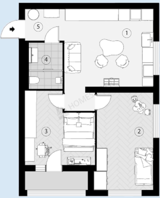 Ещё один вариант 2D-эскиза с расстановкой мебели: гостиная с диваном, столовая зона и детская — рабочая схема размещения.