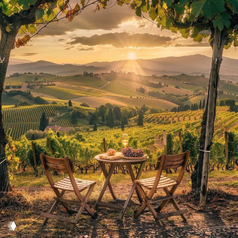 Фото вдохновения: вечерний пейзаж Тосканы с виноградниками, столиком и двумя складными стульями на фоне заката и мягкого тёплого света, задающее тон проекта.
