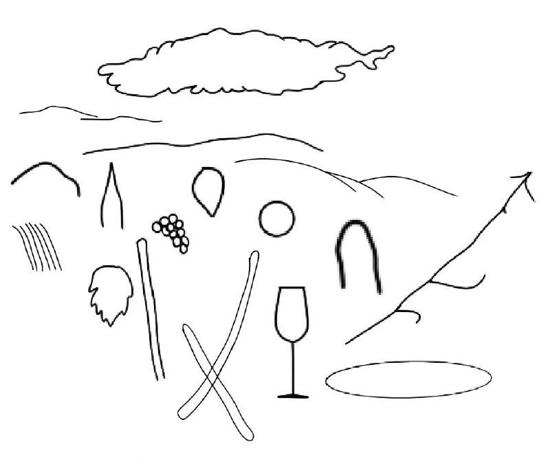 Мини-эскизы и символы концепции: наброски вина, сыра и холмов, помогающие передать идею тёплого вечера и визуальную метафору для интерьера.