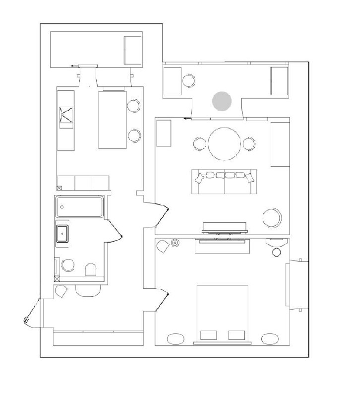 План квартиры в черно-белой графике: расположение зон — спальня, гостиная, кухня, санузел и проходы, используемое для планировочного решения в проекте.