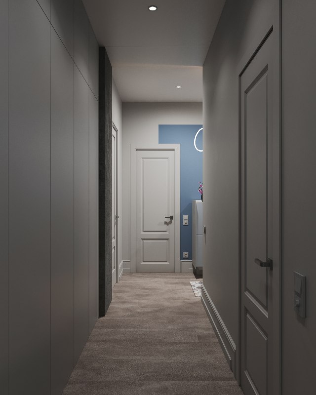 Широкий вид коридора: встроенный шкаф, оформленный в колонны тёмной штукатуркой, визуальная глубина и согласованная палитра материалов.