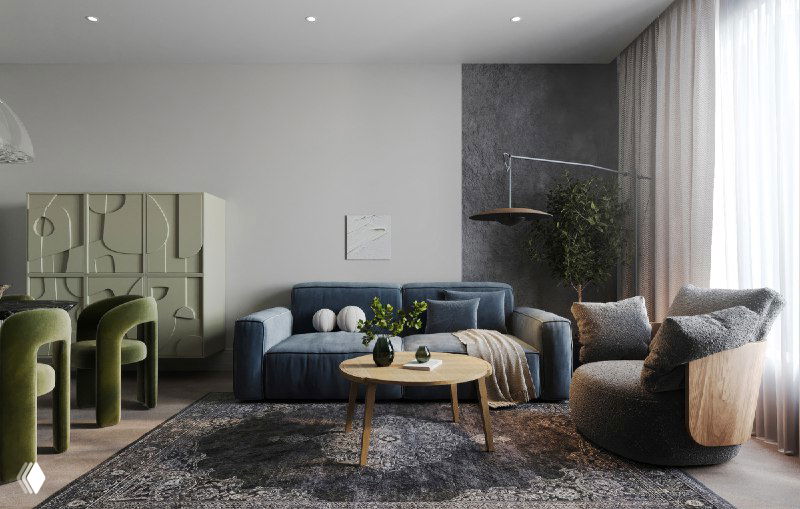 Общий план гостиной: синий диван, зелёные барные стулья и журнальный стол — сочетание текстур ткани, дерева и металлических акцентов.