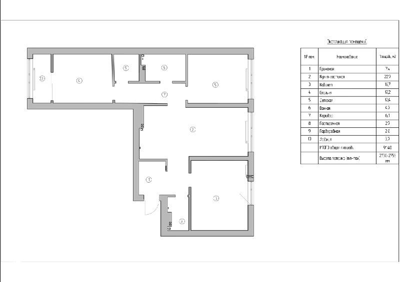 Исходный план от застройщика — технический чертёж квартиры в ЖК «Южные кварталы» с нумерацией помещений и таблицей площадей.