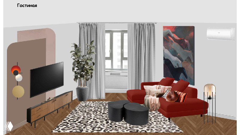 Гостиная с красным угловым диваном, большим окном и декоративной панелью на стене, текстуры и графика передают горную тему проекта.