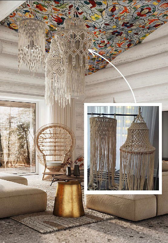Макраме-люстры и плетеная мебель в светлом деревянном интерьере: детальное фото изделий ручной работы на фоне яркого расписного потолка.