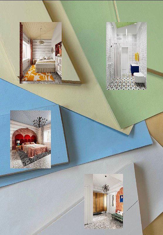 Коллаж с палитрой оттенков стен и потолка, образцами материалов и фотографиями разных комнат проекта в одном визуальном развороте.