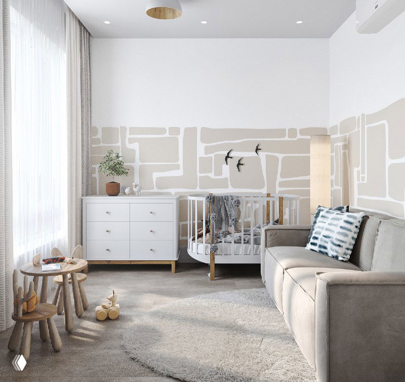 Широкий ракурс детской комнаты в спокойных тонах: у окна столик, комод, декоративные ласточки на стене и торшер от La Redoute.