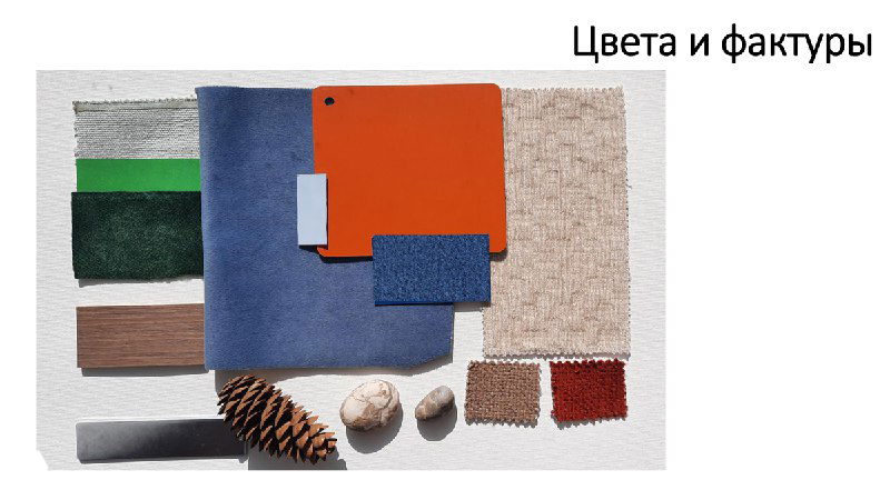 Коллаж образцов материалов и фактур: образцы тканей, кожи и текстиля, демонстрирующие сочетание насыщенных и нежных оттенков в проекте.