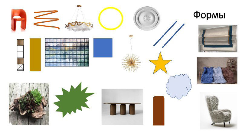 Мудборд с элементами формы: примеры светильников, мебели и декоративных деталей, иллюстрирующие игру плавных и угловатых линий в интерьере.