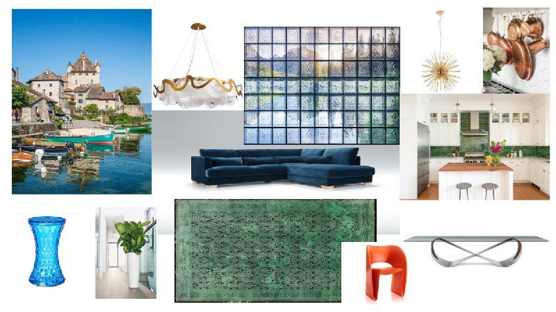 Коллаж ключевых деталей проекта: мебельные решения, декоративные предметы и зелёные акценты, складывающиеся в общую атмосферу солнечного утра.