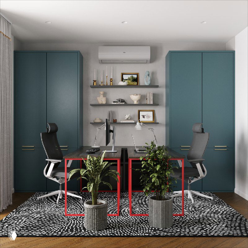 Рабочая зона на двоих: два стола с красными опорами, глубокие бирюзовые шкафы, стеллажи и растения на ковре.