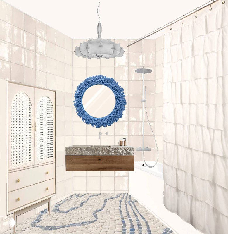 Рендер санузла проекта: светлая плитка, ванна с занавеской, круглое зеркало в синих акцентах и текстильные элементы в морском стиле.