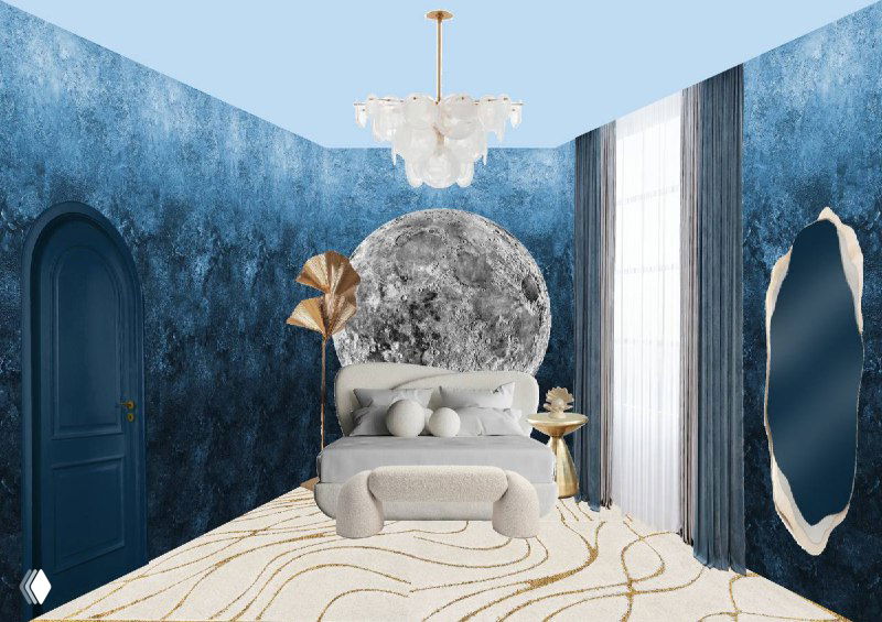 Визуализация спальни с лунным мотивом: глубокие синие стены, круглое зеркало и мягкая мебель на фоне декоративного панно Луны.