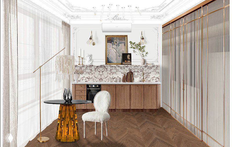 Рабочая зона и камин: стол, декоративный камин, прозрачные шторы и контрастный столик-торшер на фоне паркетного пола.