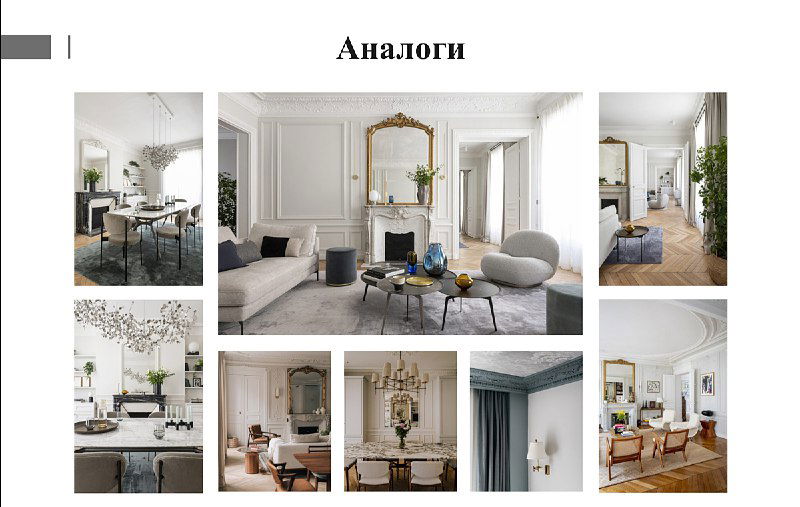 Коллаж аналогов и референсов: подбор вдохновляющих интерьеров в французском и скандинавско-классическом стиле для проекта.