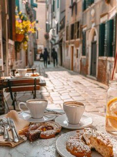Фотография вдохновения: уличное кафе в узком итальянском переулке с чашками кофе и выпечкой на переднем плане, настроение утра.