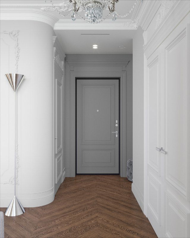 Коридор с классической лепниной, белыми панельными дверями, хрустальной люстрой и паркетом «ёлочка», выдержанный в французской эстетике.