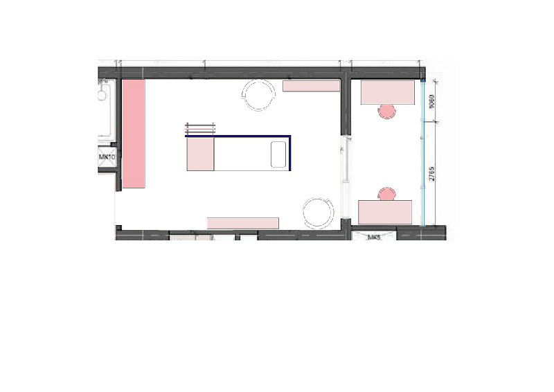 План с расстановкой мебели и зонами отдыха и сна, показан вариант деления комнаты на две автономные зоны с двухъярусной кроватью.