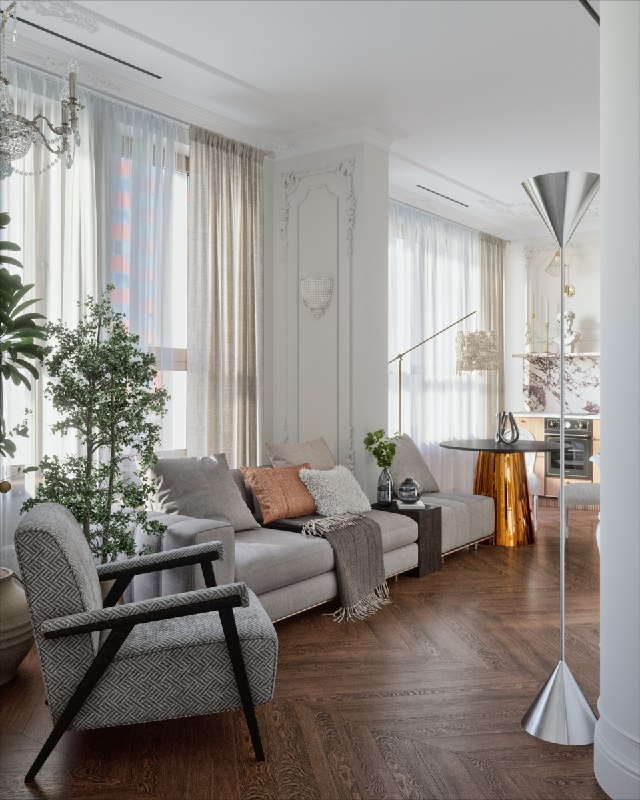 Гостиная с модульным диваном и креслом, высокие окна в лёгких шторах, элегантная лепнина и декоративный каминный портал Artpole на паркете.