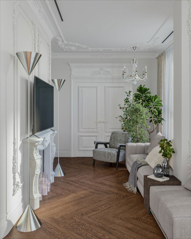 Вид вдоль гостиной: модульный диван, кресло, каминный портал Artpole, центральная люстра и растения, организующие композицию на паркете.