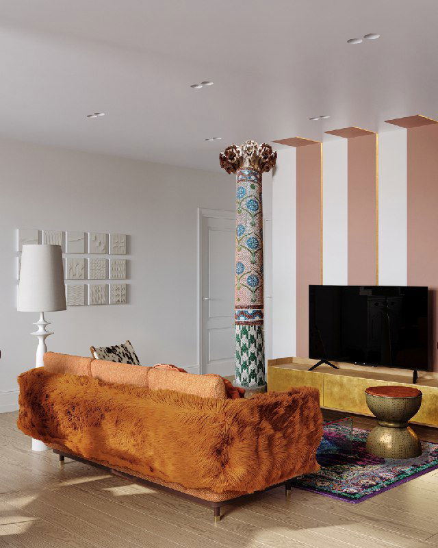 Обратный ракурс гостиной: оранжевый диван, мозаичная декоративная колонна и золотистая тумба под TV — детализация текстур и материалов в проекте.