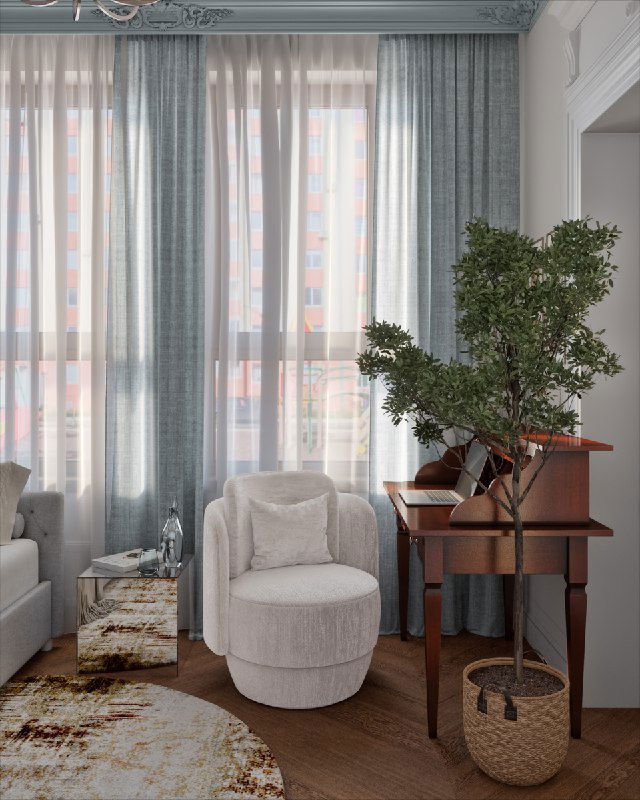 Уютный читающий уголок возле окна: круглое мягкое кресло, зеркальный столик, деревянный консольный стол и большое комнатное растение для живости интерьера.