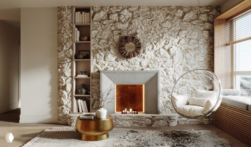 Широкий план гостиной: камин с декоративным порталом, книжные ниши, золотистый журнальный столик и мягкий угловой диван у окна с деревянными откосами.