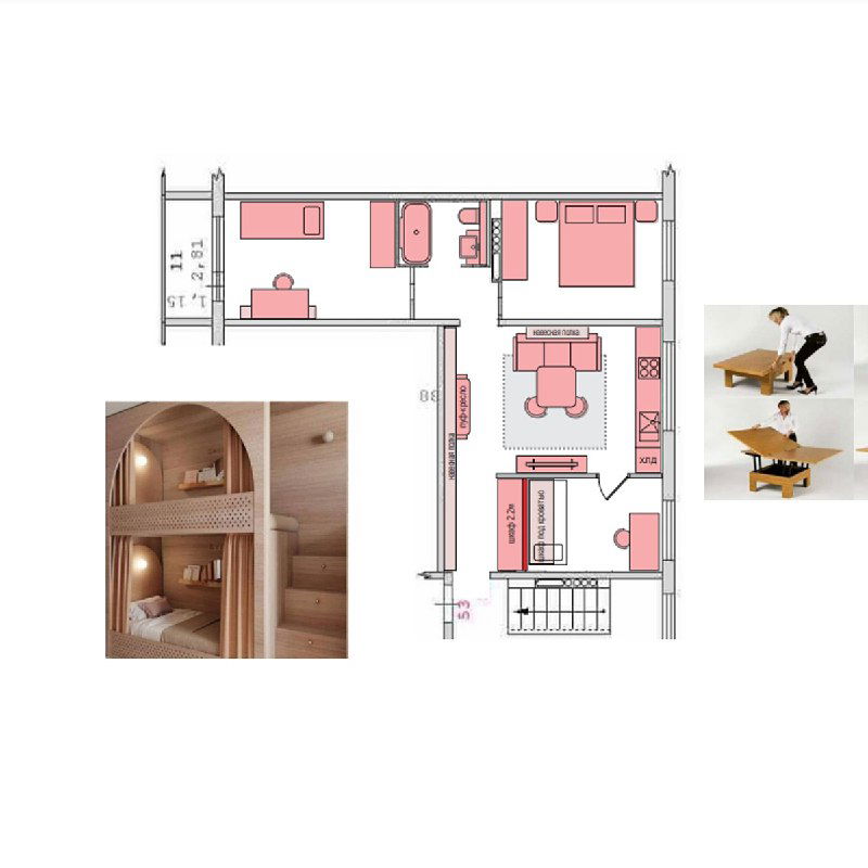 Цветной вариант планировки с условной мебелью розового цвета, вставками фото трансформируемой мебели и откидной кровати в детской.