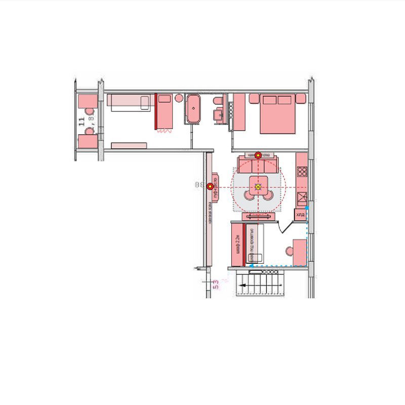 Альтернативный план квартиры с отмеченной кухней‑гостиной и тремя изолированными спальнями, показаны мебельные зоны и проходы.