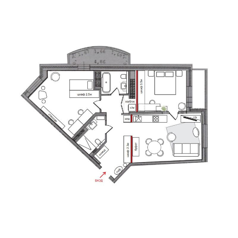 План с расстановкой мебели: показаны кухня‑гостиная, спальня родителей и детская; видна зонировка и расположение основных предметов мебели.