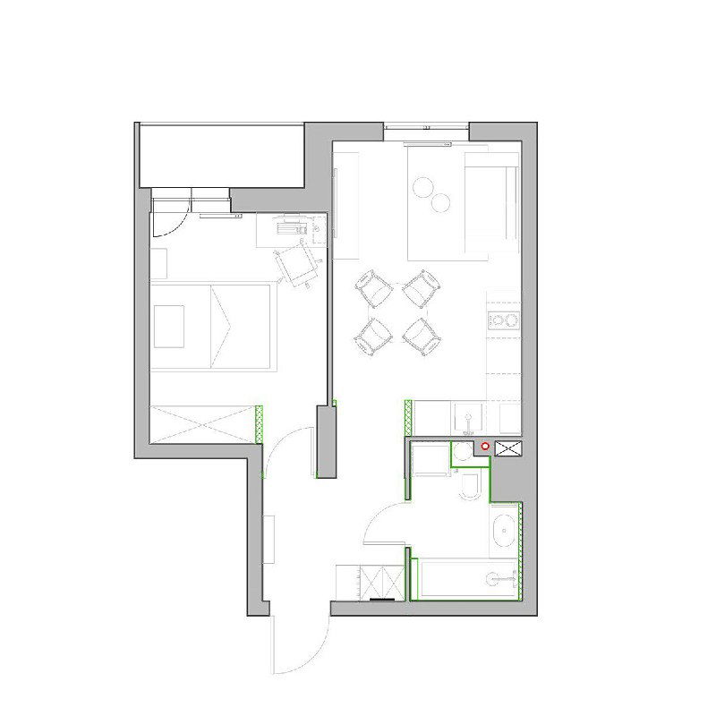 План с расстановкой мебели и зонированием: объединён дверной проём между прихожей и кухней‑гостиной, показаны кухня, обеденная зона, спальня и системы хранения.