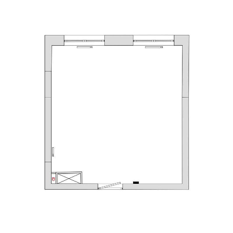 Исходная квадратная планировка студии 37,4 м² с двумя окнами и единым открытым пространством без внутренних перегородок, вид сверху.