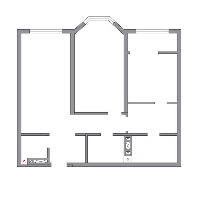 Исходная планировка квартиры до перепланировки — чёрно‑белый план с исходными перегородками и размещением санузлов и кухни.