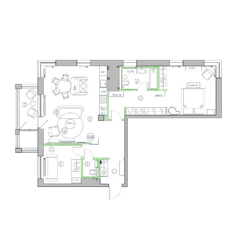 Планировочный чертёж с расстановкой мебели: кухня с островом, обеденная зона, гостевая комната, мастер-спальня и ванная в квартире 88 кв. м.