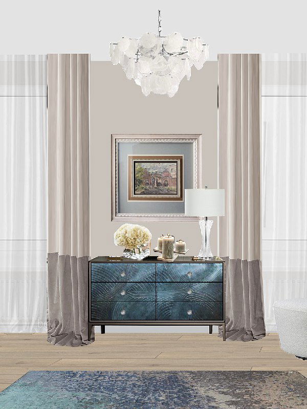 Декор прихожей или зоны консоли: комод с тёмно‑бирюзовым фасадом, картина в раме и шторы на нейтральном фоне, мягкая световая гамма.