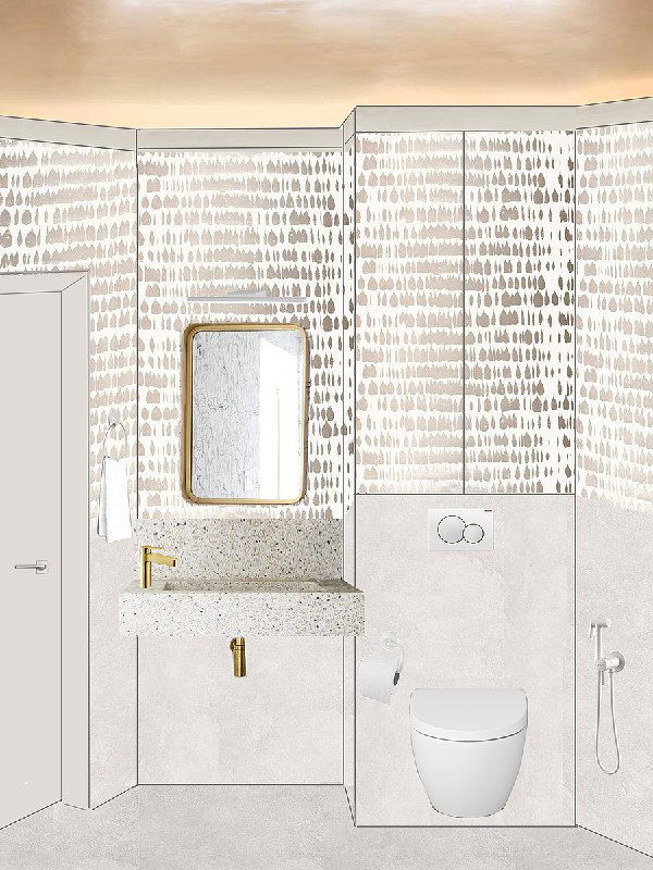 Минималистичная санитарная зона: светлая отделка, подвесная сантехника и нейтральный рисунок плитки — часть концепции светлого уютного интерьера.