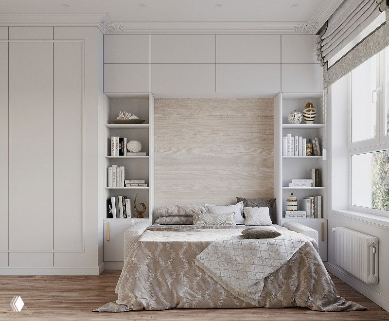 То же пространство в варианте спальни: опущенная кровать‑трансформер с постелью, текстиль и зеркало‑«солнце» над спальным местом в светлой палитре.