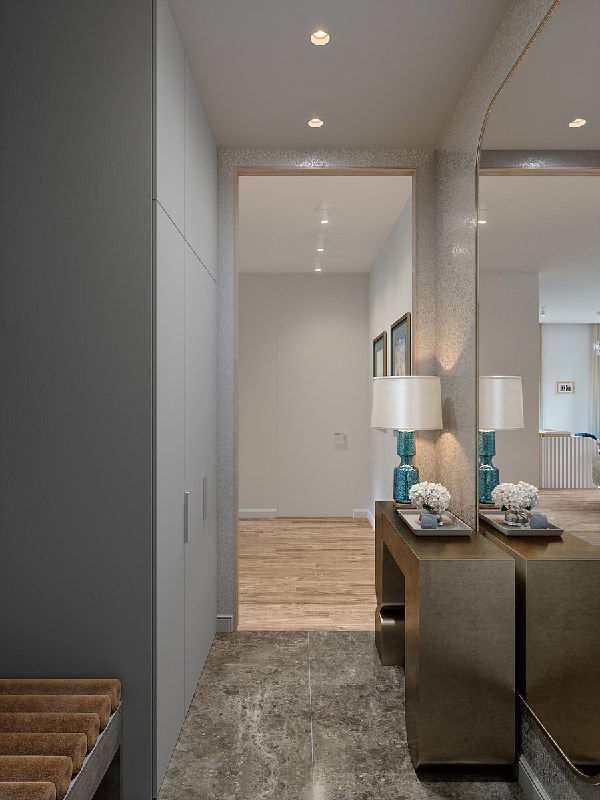 Общий вид прихожей через зеркальное отражение: консоль с лампой, зеркало, коридор и тёмный пол — атмосфера, вдохновлённая картиной Моне.