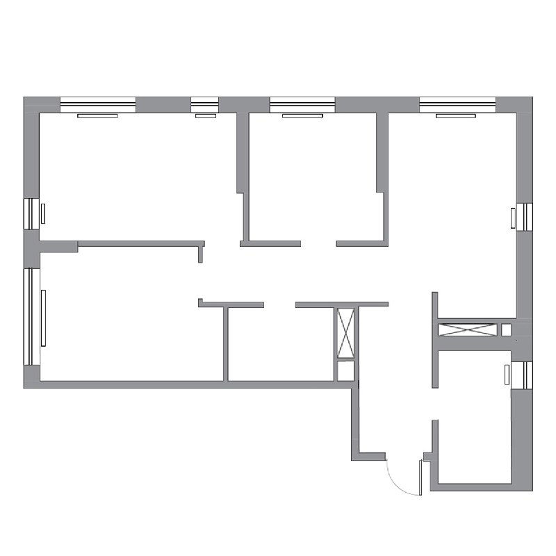 Исходная планировка квартиры до перепланировки: схема комнат, коридоров и расположение санузлов в 4‑комнатной квартире для студентов.