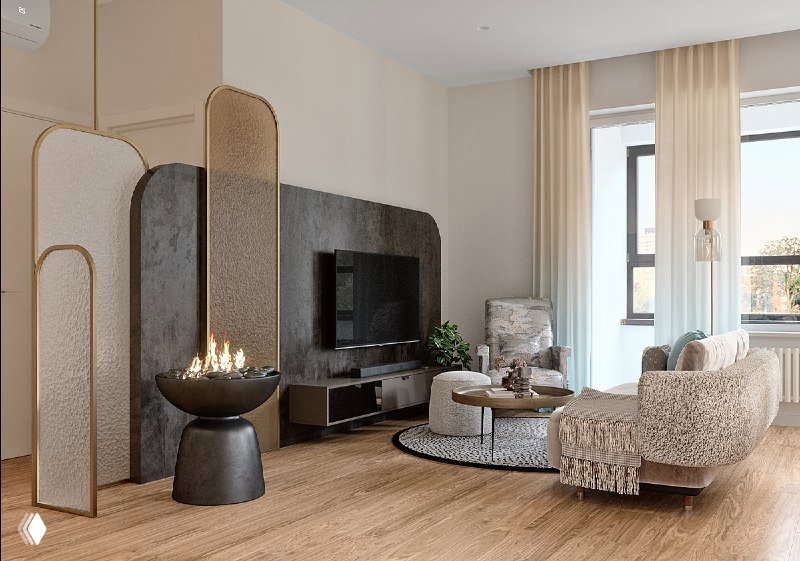 Гостиная зона с уютным диваном из велюра и букле, рельефные стеклянные перегородки, низкий столик и декоративный ковер в нейтральной палитре интерьера.