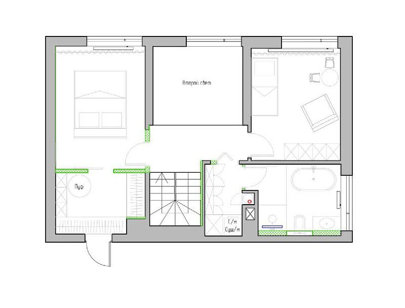 План второго уровня после перераспределения: сдвинутая перегородка в пользу спальни, предусмотрено место для стеклянной перегородки и отдельная зона гардероба.