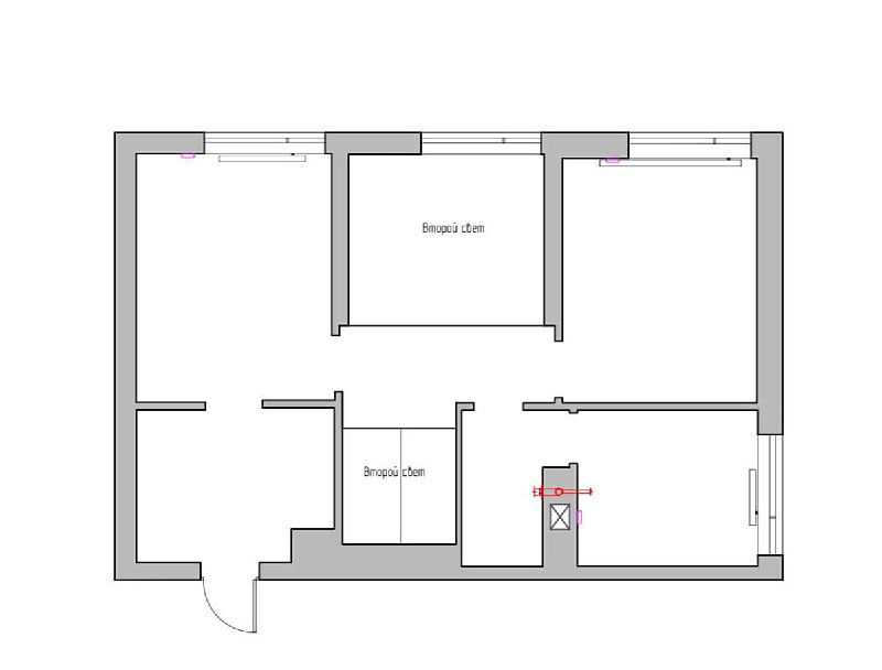 Чертёж второго уровня до изменений: отмечены комнаты, лоджия и возможные варианты расположения мебели и перегородок в обеденной и спальной зонах.