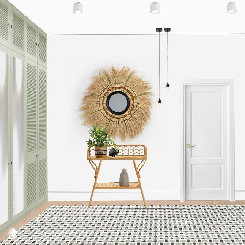 Прихожая с плетёной консолью и зеркалом в виде солнца из натуральных материалов, светлый пол и аккуратный декор в эко‑стиле.