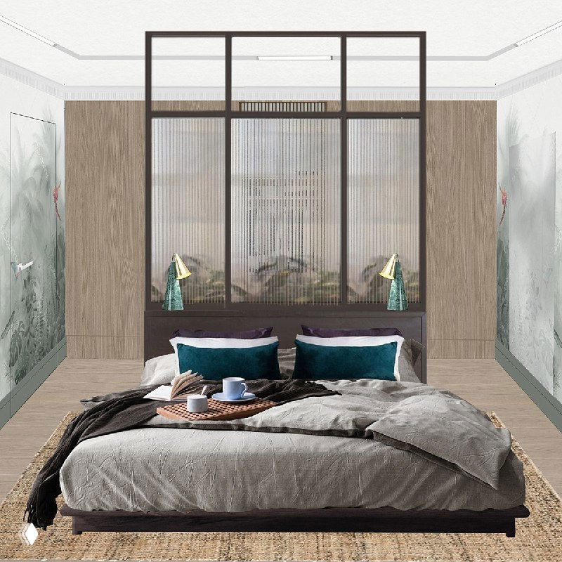 Спальня с тёмным изголовьем, простым текстилем и деревянными фактурами — спокойная зона отдыха в общей концепции прайда и острова.