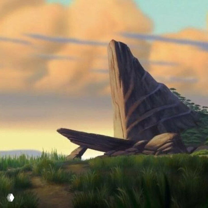 Иллюстрация из мультфильма с каменной скалой наподобие "скалы предков" — явная отсылка к мотивам «Король Лев» в концепции проекта.