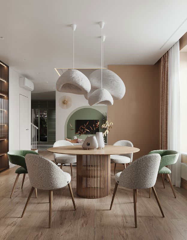 Вид столовой и прохода в кухню: сочетание бежевых и зеленых тонов, текстурные светильники над столом и аккуратная расстановка мебели в проекте.