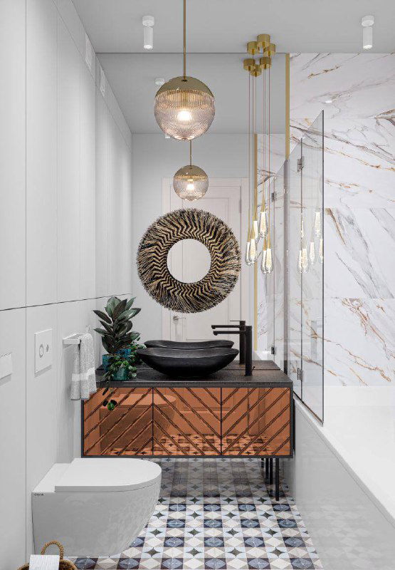 Небольшая элегантная ванная с круглым зеркалом и декоративной деревянной тумбой, контрастная раковина и тщательно подобранные аксессуары для шарма интерьера.